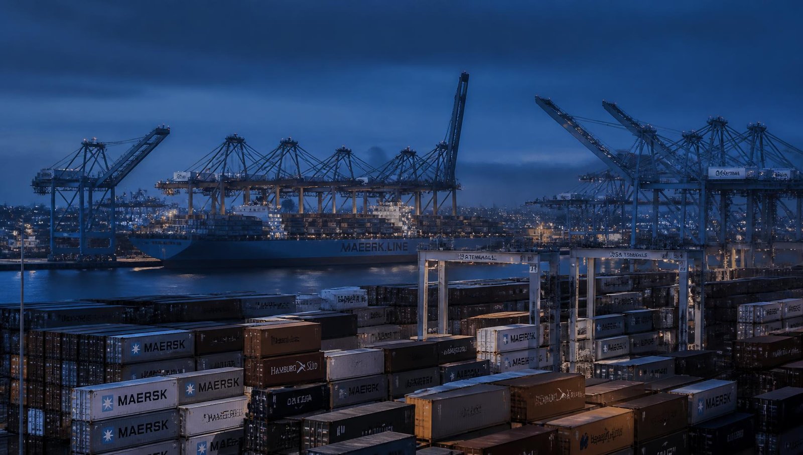 Stacked shipping containers at a port terminal at dusk